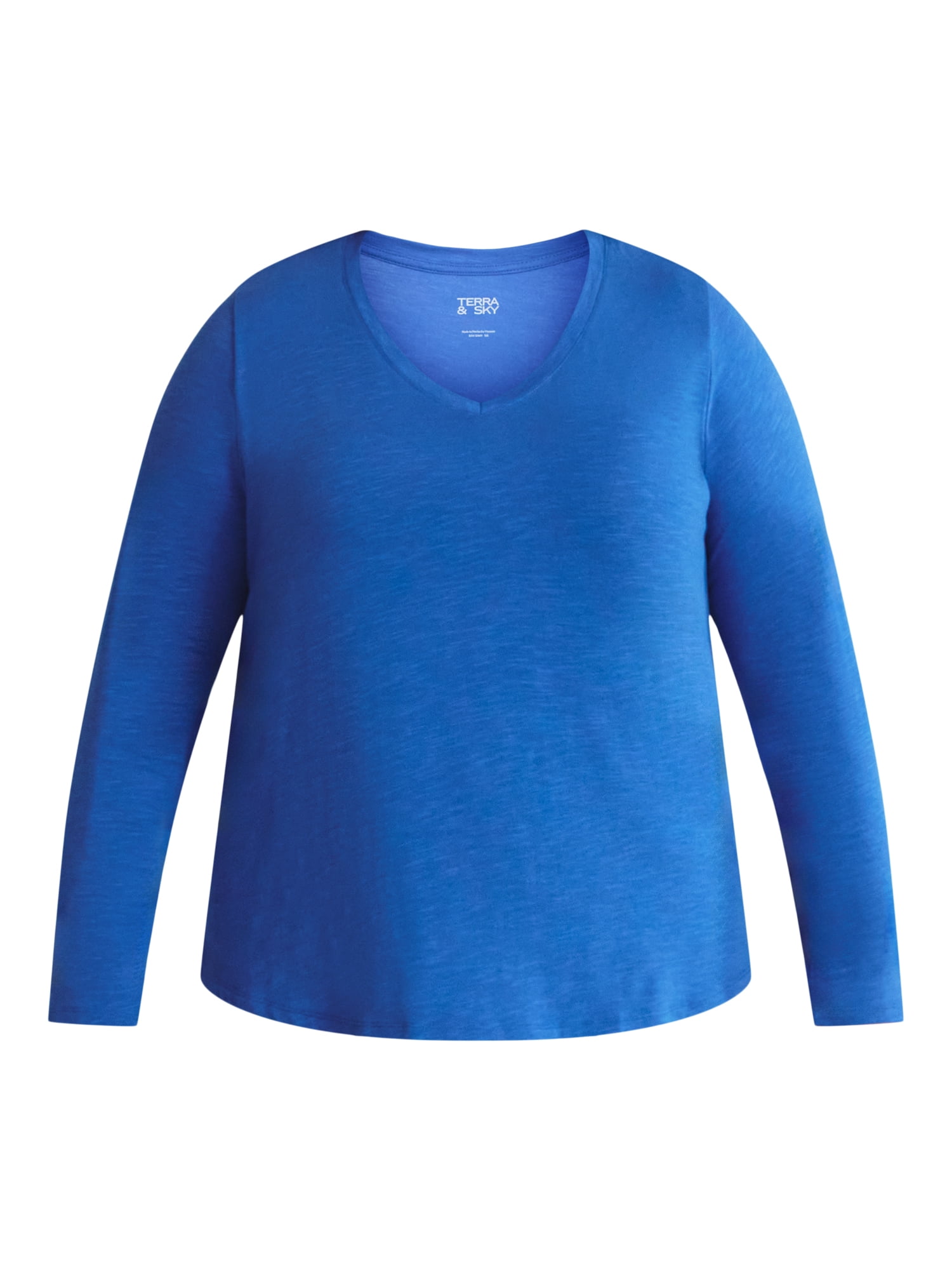 Terra & Sky Women's Plus Size V-Neck Tee with Long Sleeves, Sizes 0X-5X