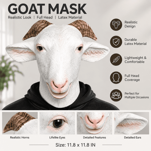 Funny Goat Latex Mask with Horns Full Head Animal Mask Halloween Christmas Cosplay Party Costume Prop