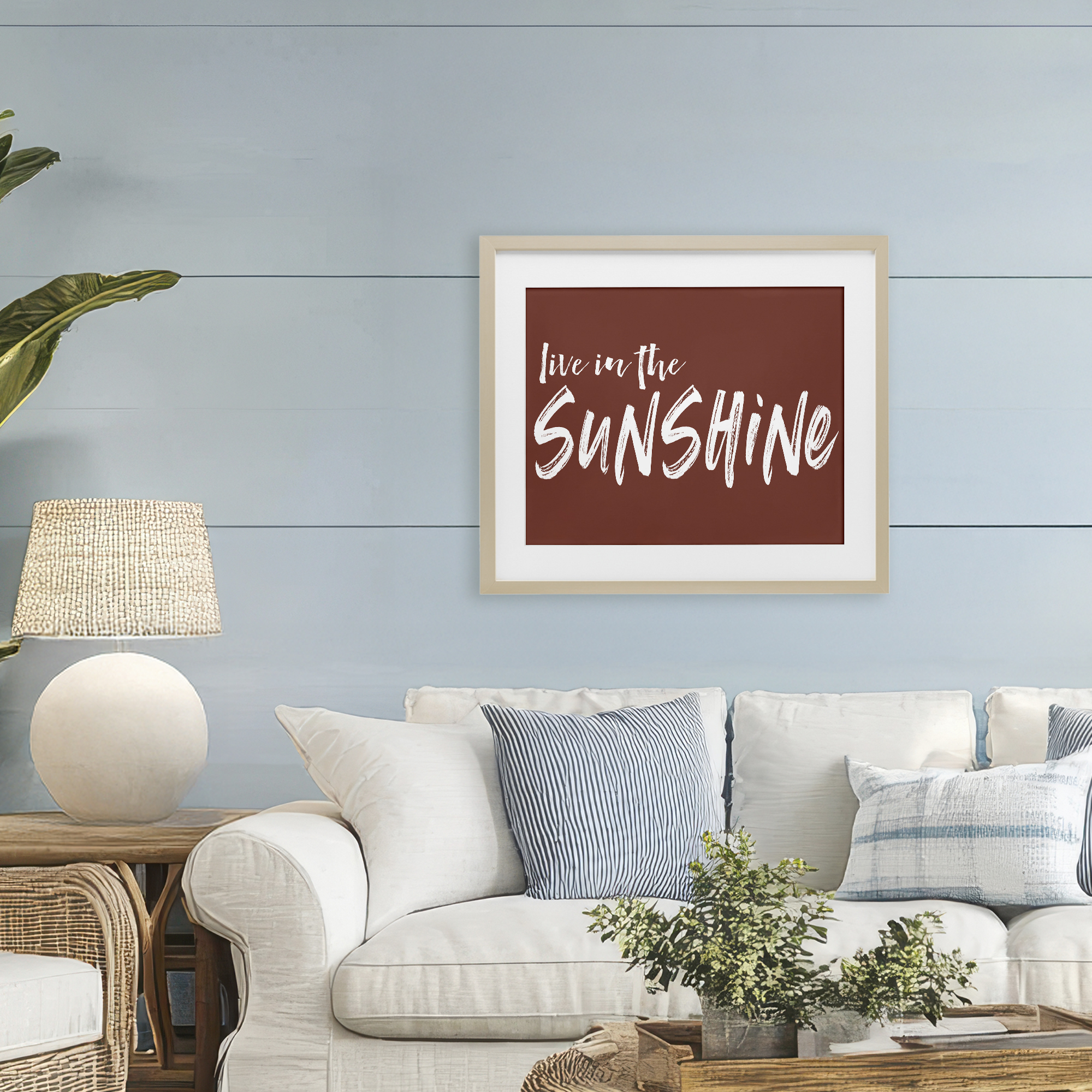 Live In The Sunshine Brown Birch Framed Print Under Glass, design by Lettered and Lined