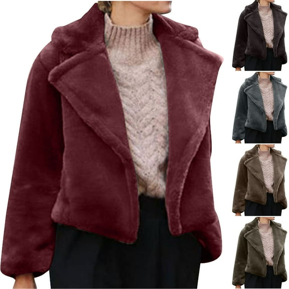 Juebong Women's Faux Fur Coat Fluffy Faux Fur Jacket Winter Furry Open Front Lapel Shaggy Parka Coats 2025 Cropped Warm Outerwear Army Green,M