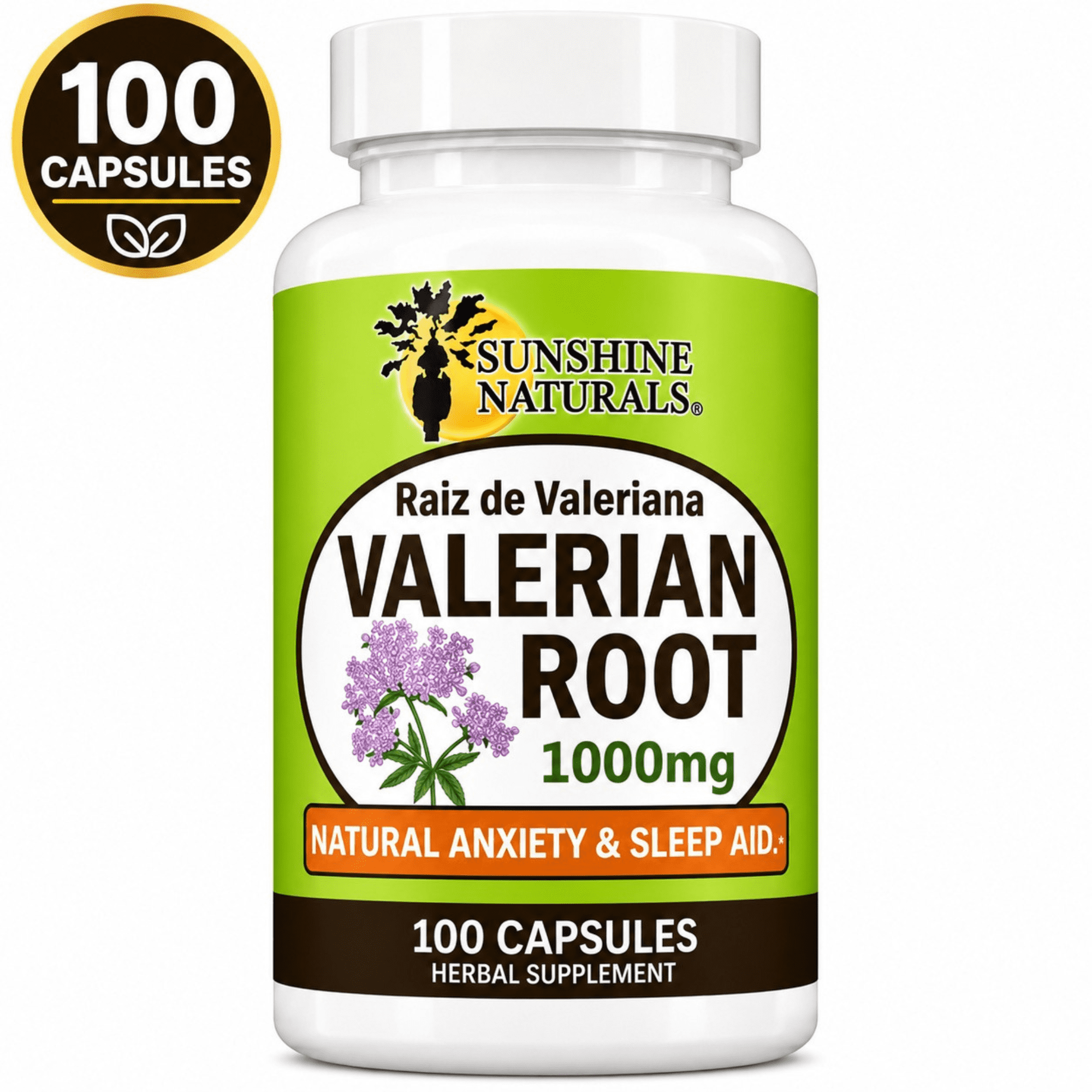 Sunshine Naturals Valerian Root Herbal Supplement for Sleep Support and Relaxation, 100 Capsules