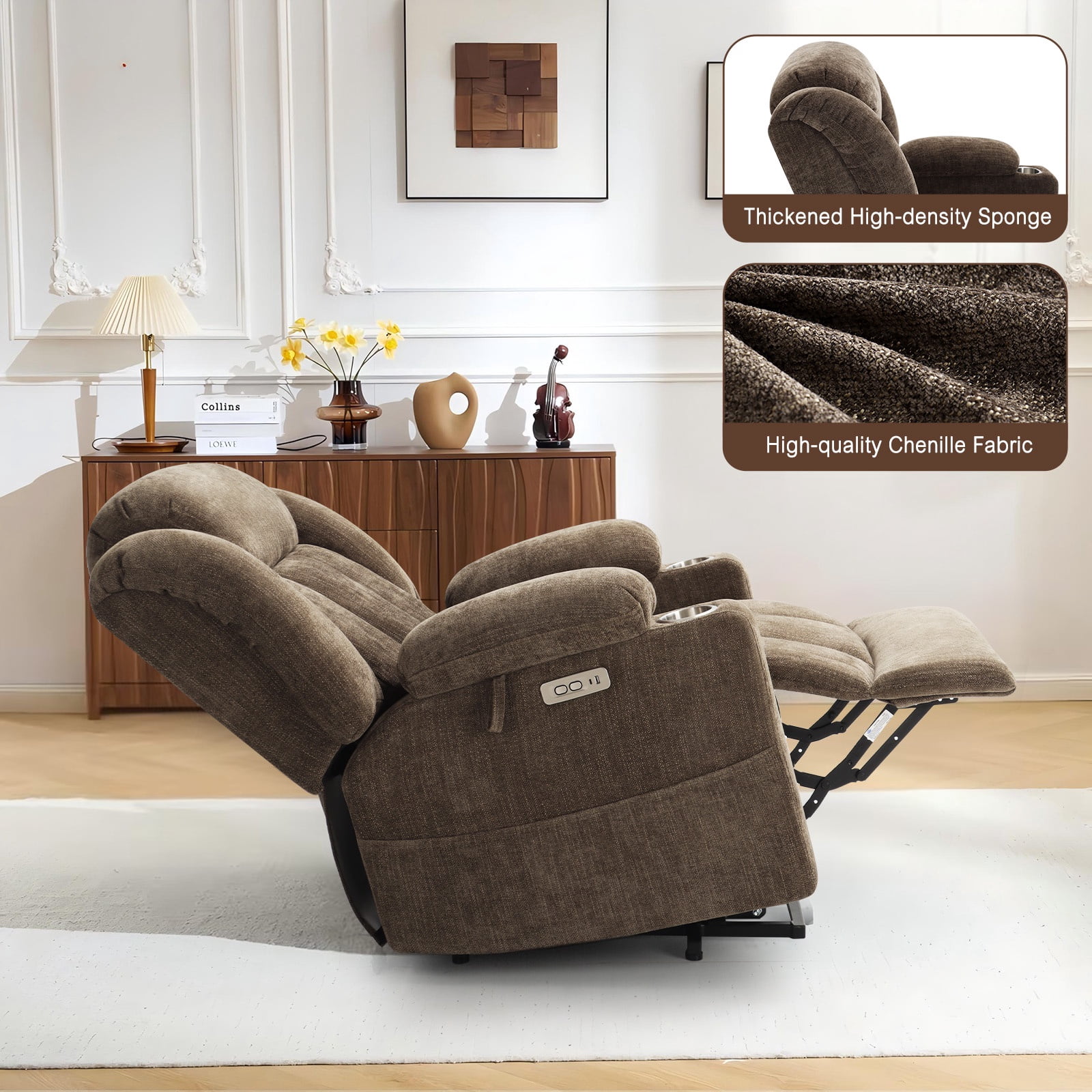 JULY'S SONG Oversized Recliner Chair with Heat and Massage, Power Lift Chairs for elderly with Cup Holders, Heavy Duty Electric Recliners for Adults with USB & Type C ports, Chenille Brown