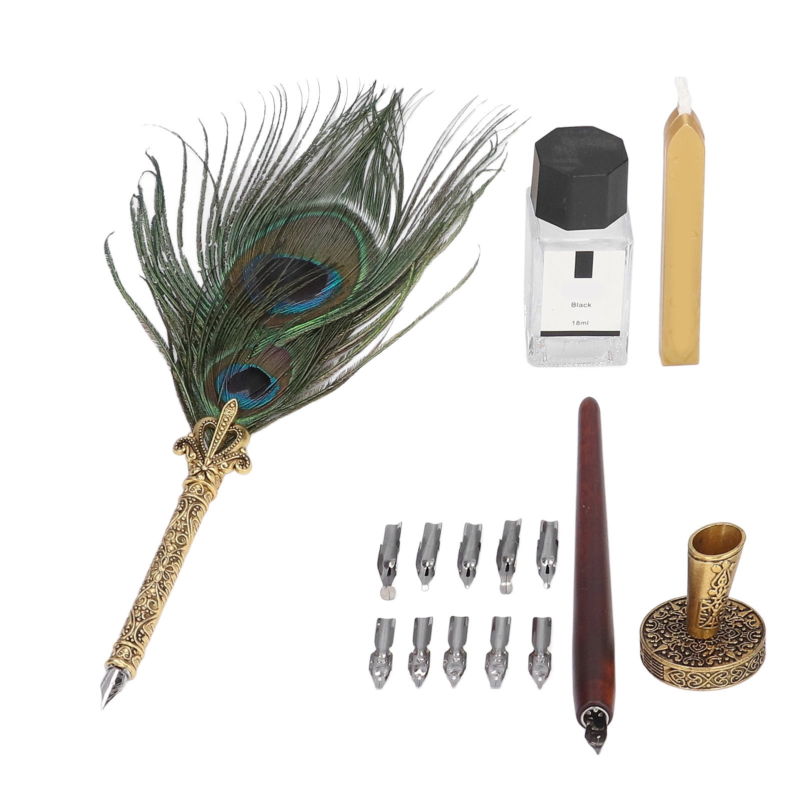 BIMZUC Feather Pen Exquisite Pattern Quaint Texture Comfortable Grip Stainless Steel Nib Calligraphy Set (11.4 inches / 29 cm) - Double Peacock