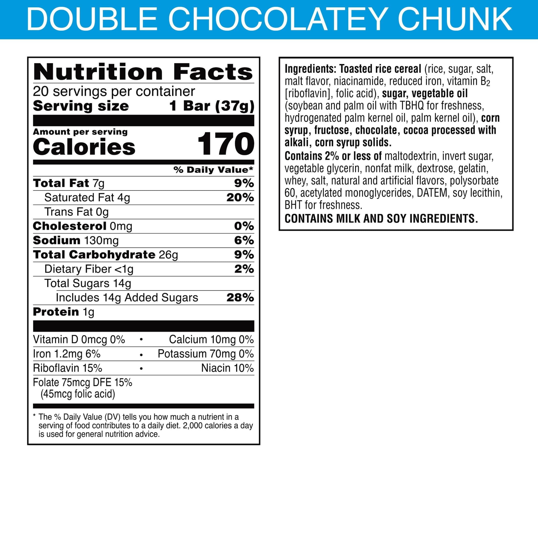 Rice Krispies Treats Marshmallow Snack Bars, Kids MDH1Snacks, School Lunch, Double Chocolatey Chunk, 26oz Box (20 Bars)