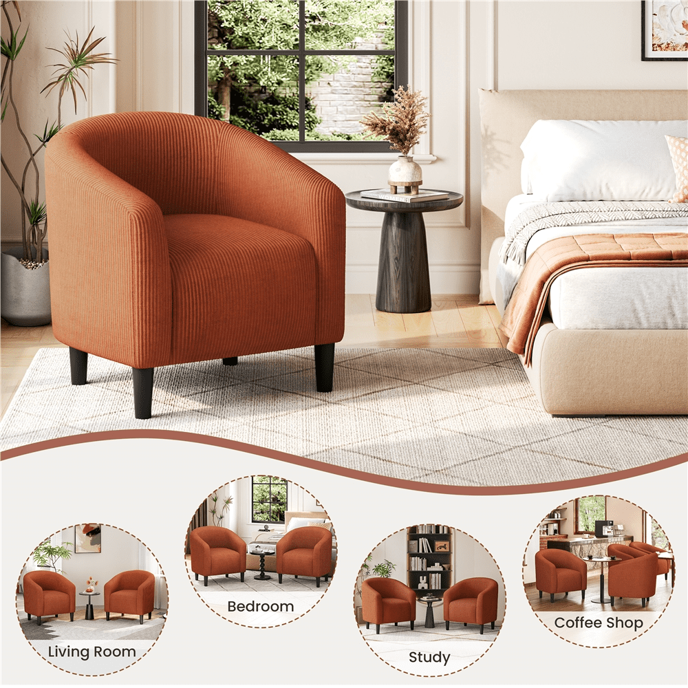 Renwick Corduroy Fabric Accent Barrel Chair with Elastic Foam Fills, Set of 2, Brick Red