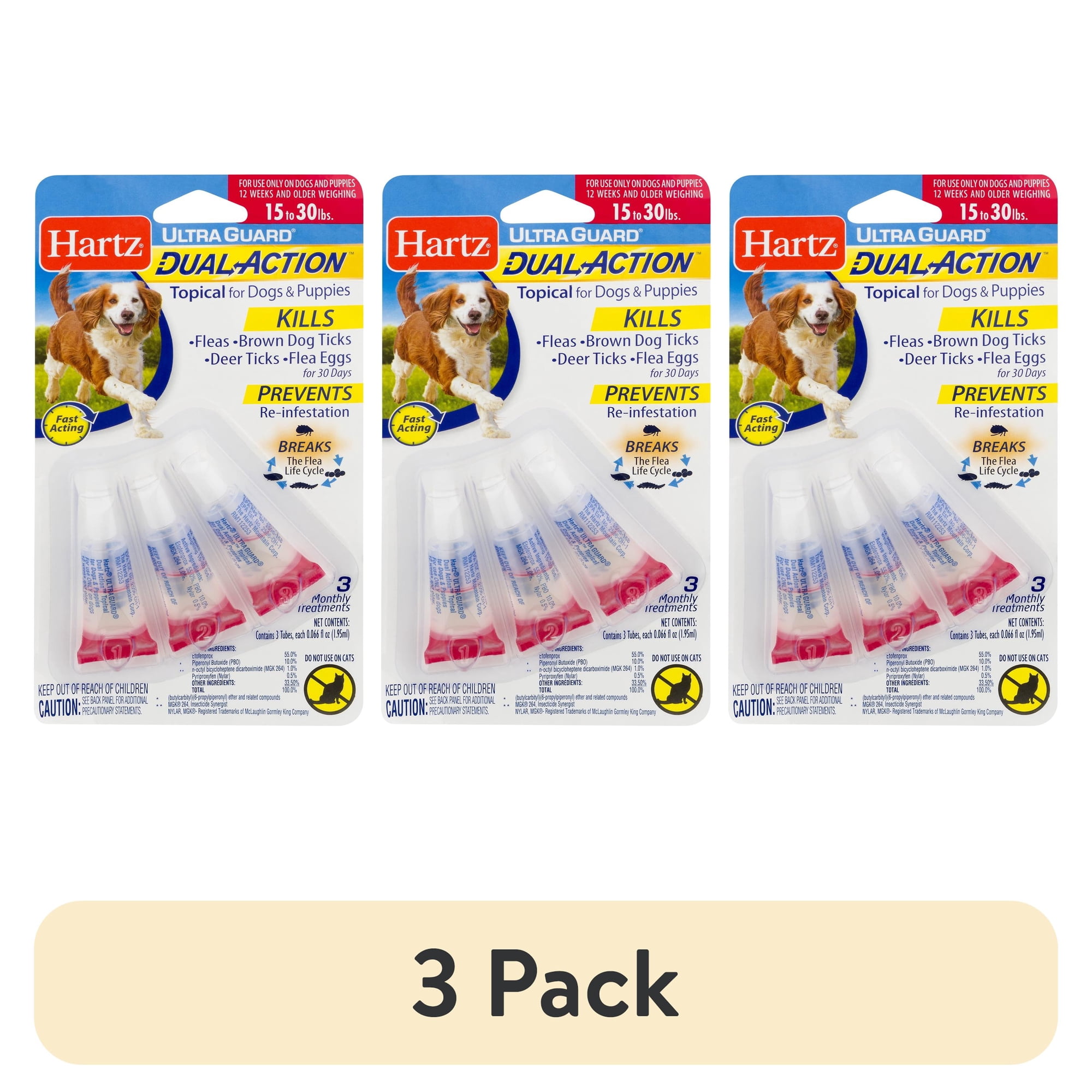 (3 pack) Hartz UltraGuard Dual Action Flea & Tick Topical for Medium Dogs 15-30lbs, 3 Monthly Treatments