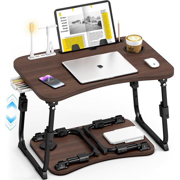 Lap Desk for Bed Adjustable Height, Foldable Bed Table with Storage Drawer, Tablet Slot & Cup Holder, Portable Laptop Stand for Bed & Sofa, Bed Desk for Adults & Kids, Walnut