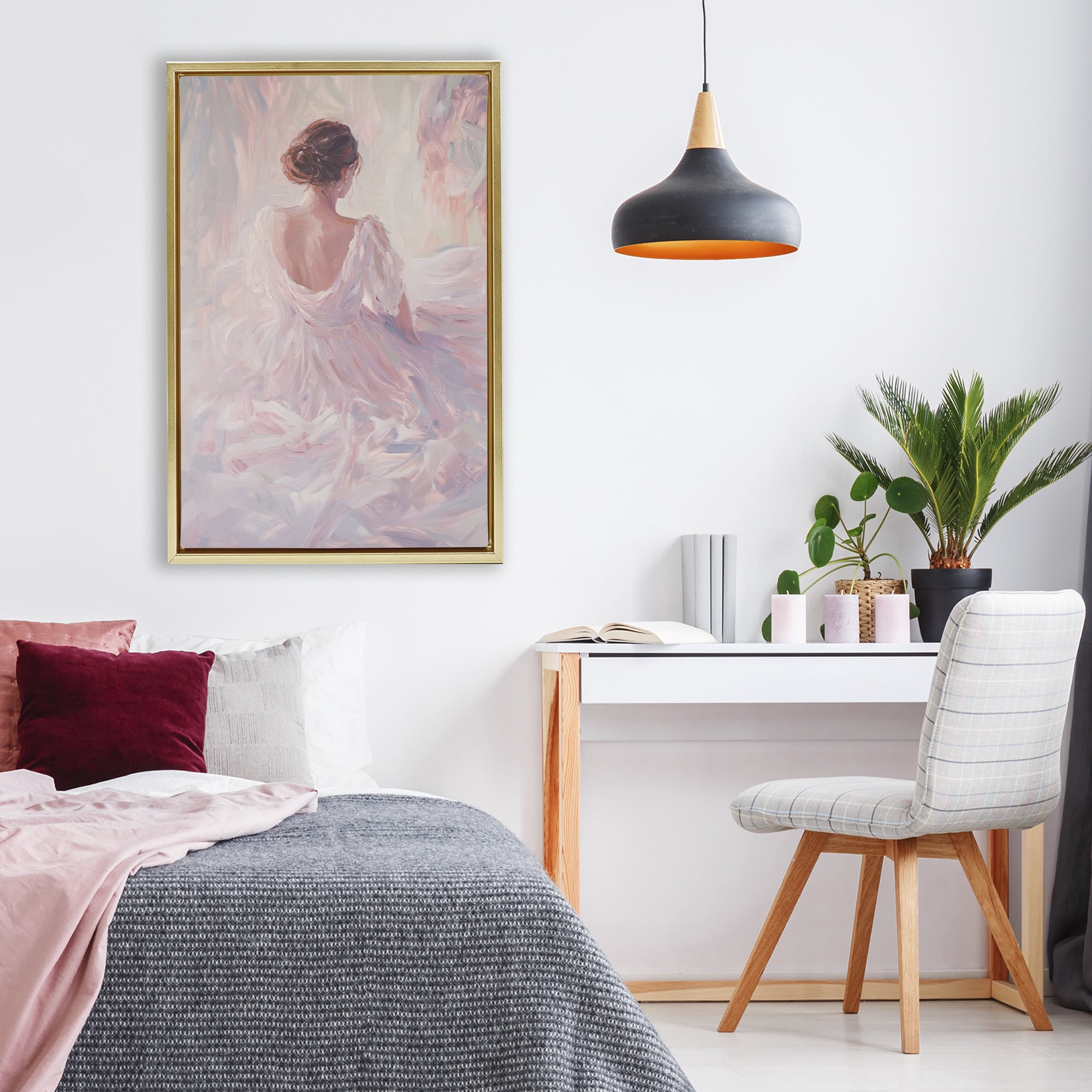 Stupell Industries Graceful Woman in Blush Gown Gold Framed Floater Canvas Wall Art, design by Petal Prints Design
