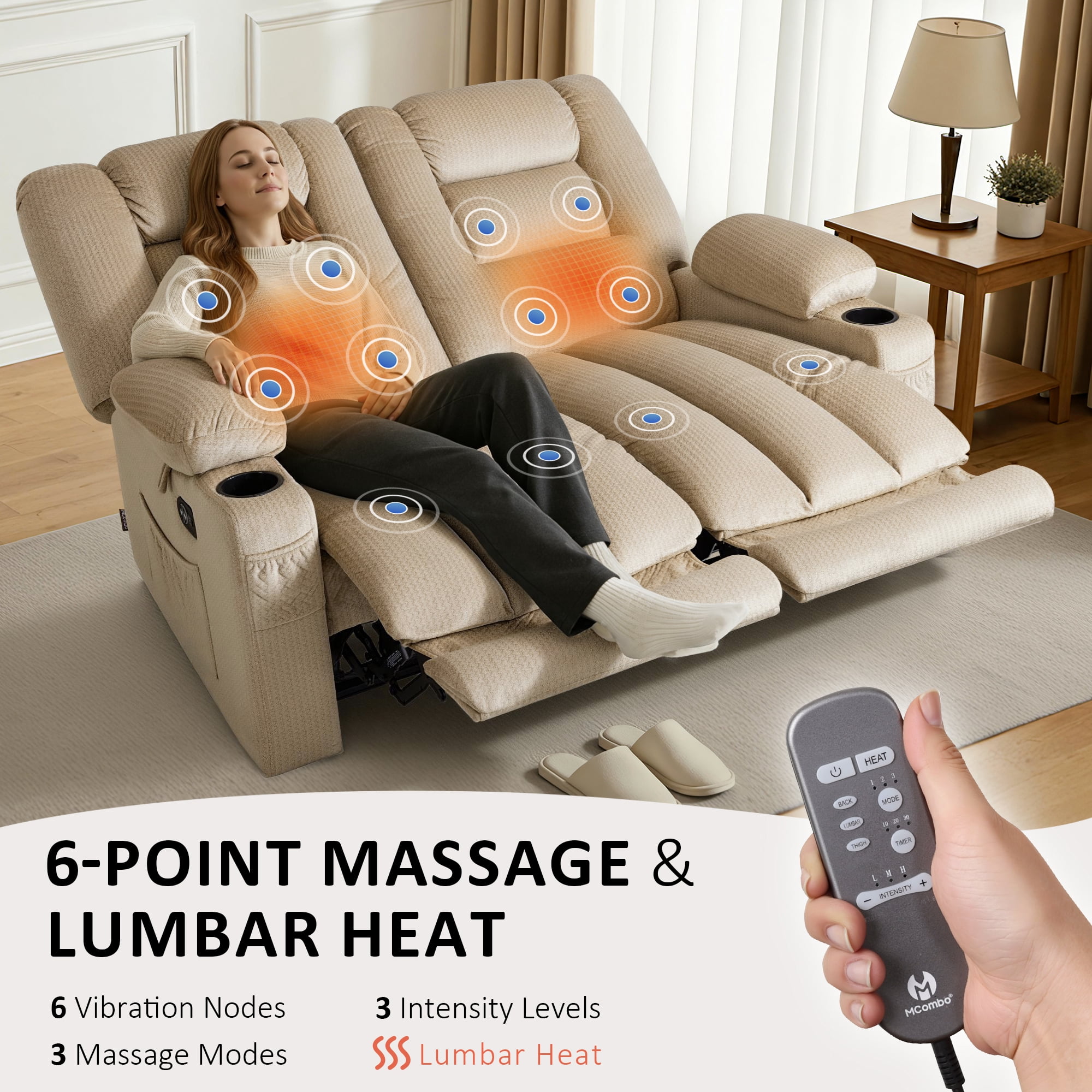 MCombo 55.9" Power Loveseat Recliner Sofa with Heat and Massage for Living Room, Home, Fabric(Midium Beige)