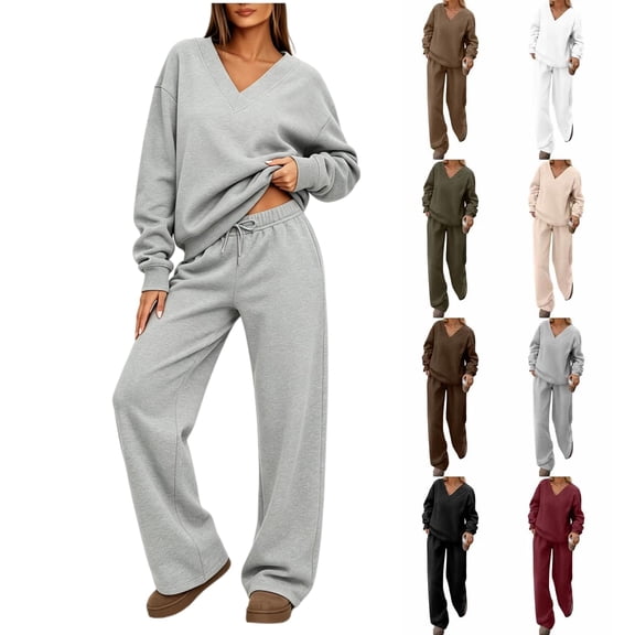 Dwellite Casual Winter Two Piece Sets for Women 2026 V Neck Sweatshirt Loose Wide Leg Pants Tracksuit Fall Outfits 2026 Khaki 2XL