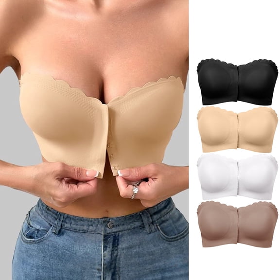BWASD Strapless Bra Summer Comfy Breathable Front Closure No Underwire Jelly Bra Wireless Non-Slip Padded Tube Bra Supportive Push Up Bandeau (Beige L)