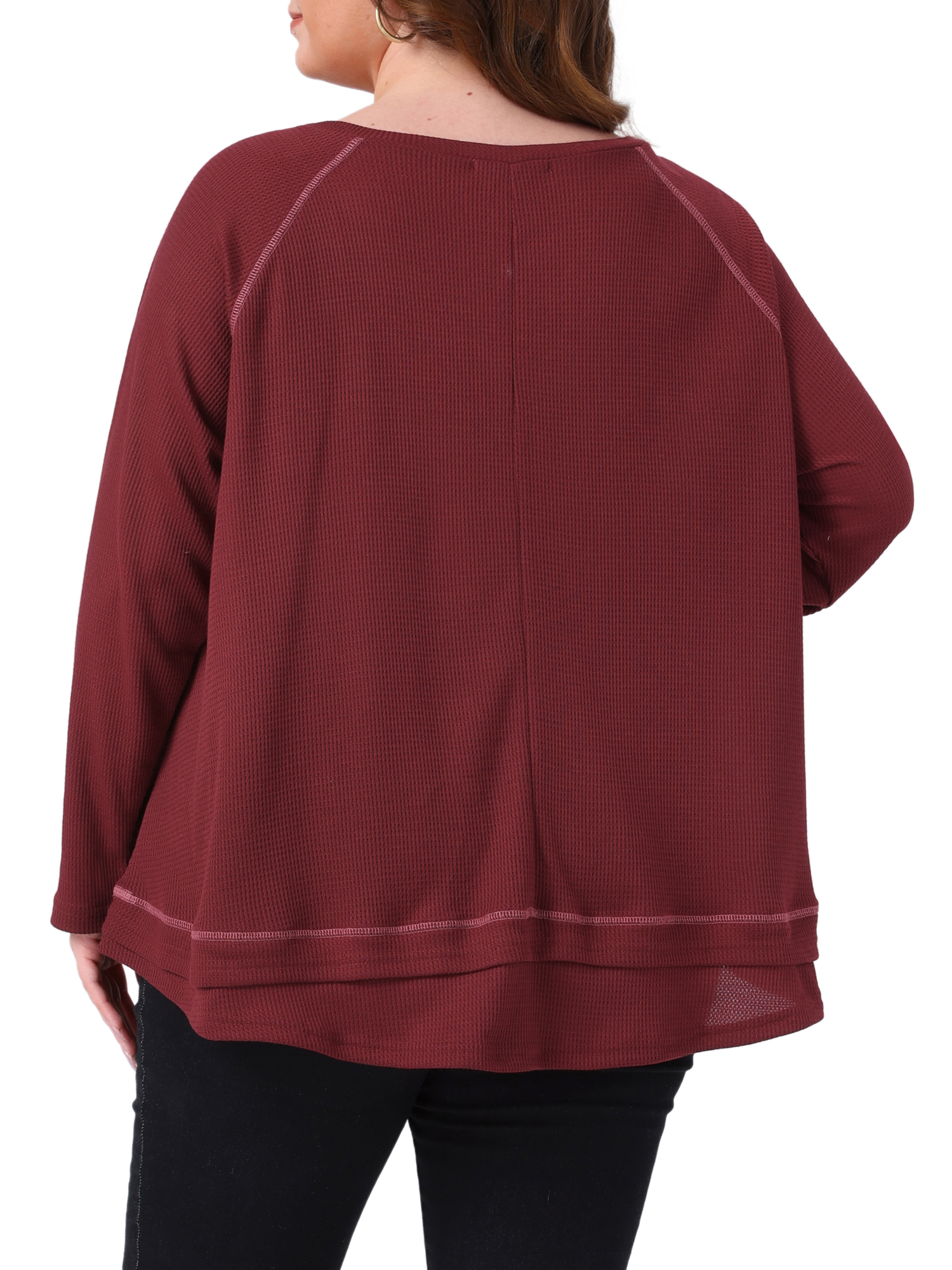 DARING DIVA Women's Plus Size Waffle Knitted V Neck Patchwork Hem Sweater 4X Burgundy