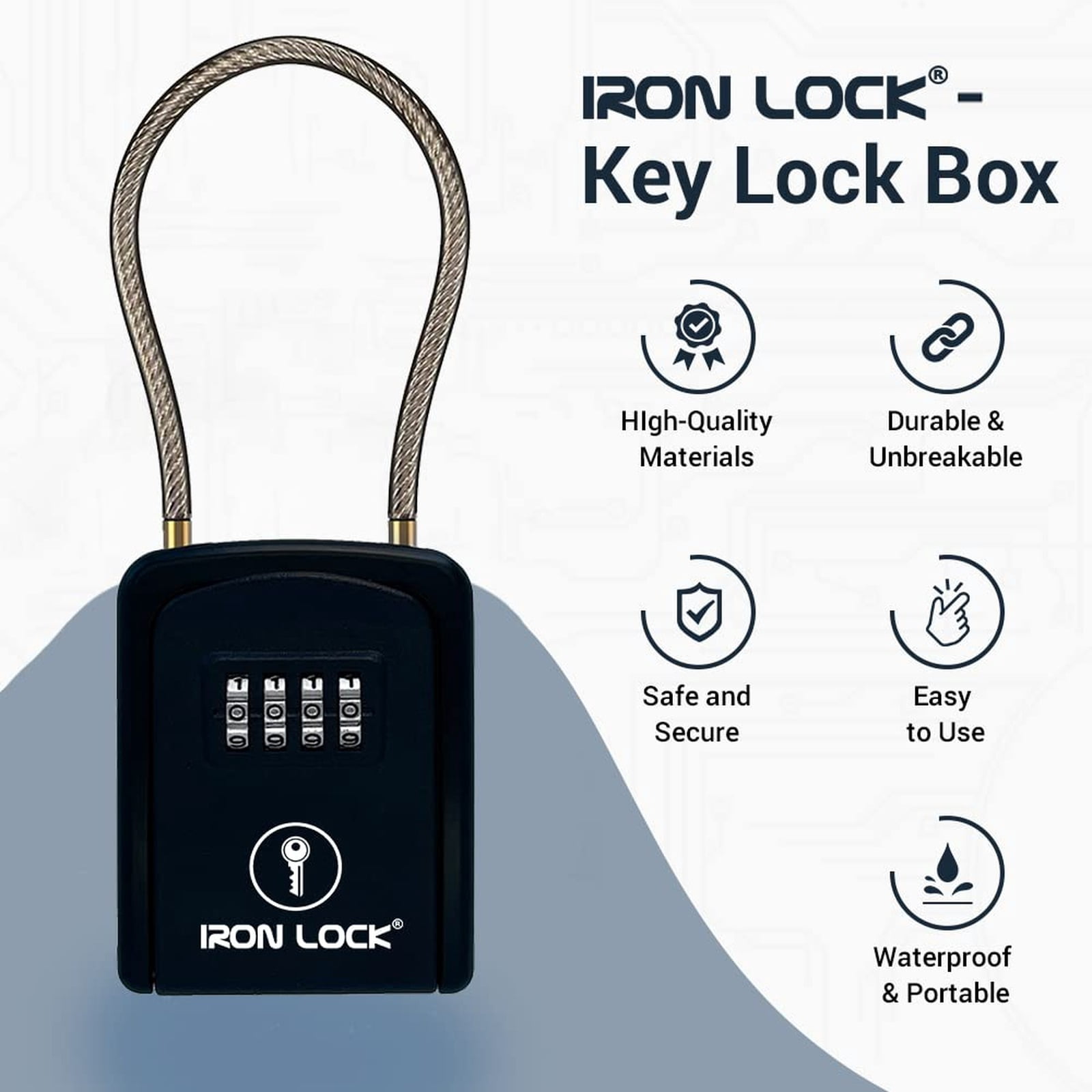 Iron Lock® Key Lock Box Portable with Cable Shackle – Small Waterproof Heavy-Duty Metal Safe with 4-Digit Combination for Spare Keys Outside on Door Knob, Fence, Pipe or Gate (Black, Small)