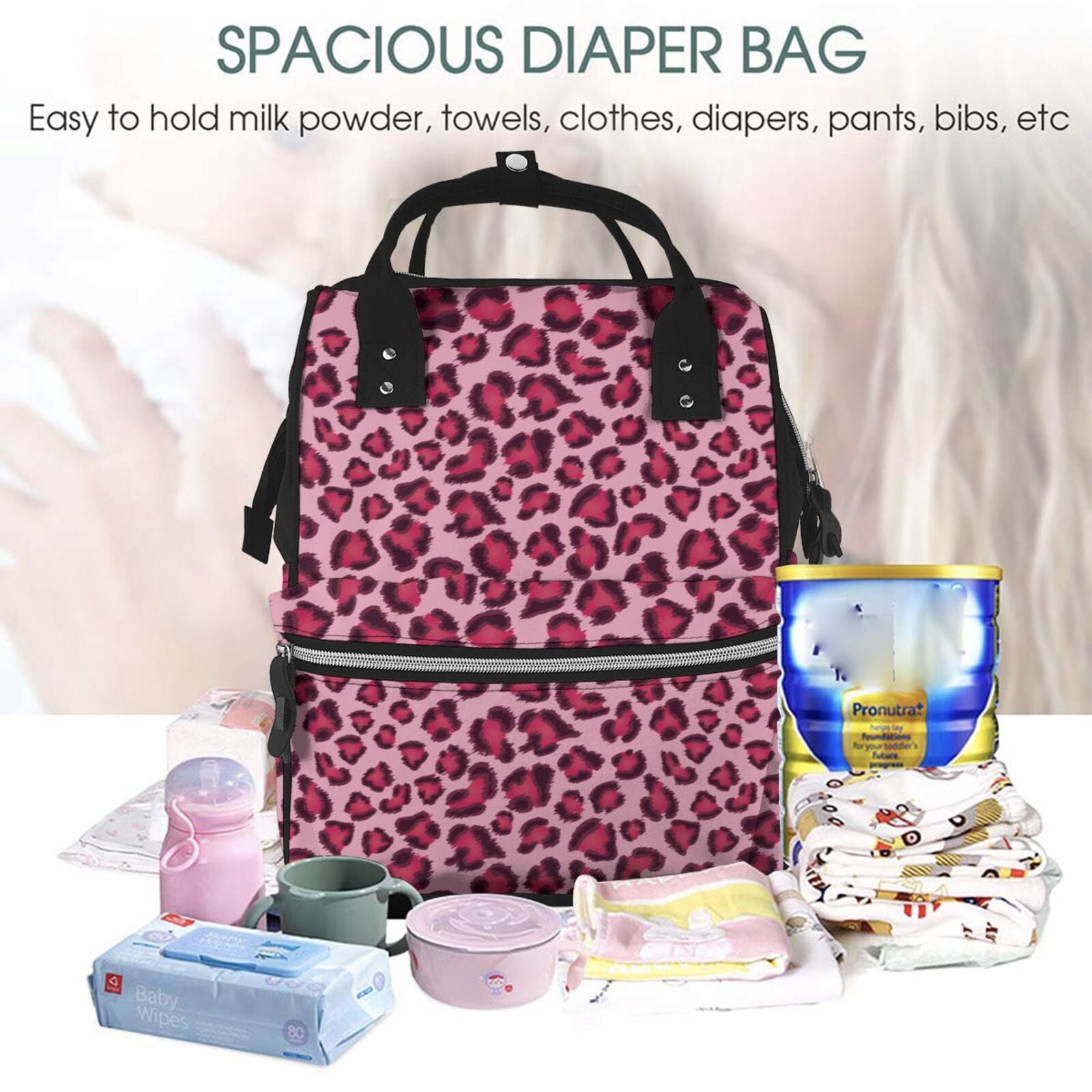 Defioc Rose Leopard Print for Baby Diaper Bag Backpack - Baby Bag for Boys & Girls - Diaper Backpack - Large Travel Diaper Bags- Baby Registry Search & Shower Gifts