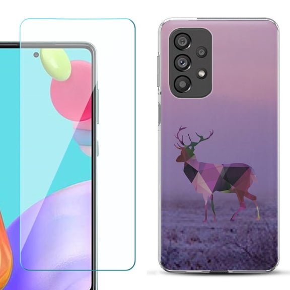 Slim-Fit Gel TPU Phone Case for Samsung Galaxy A33 5G, with Tempered Glass Screen Protector, by OneToughShield ® - Deer/Polygon