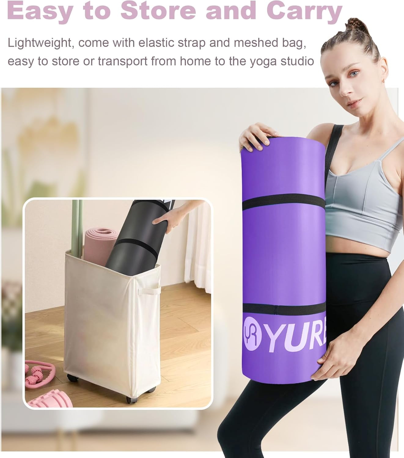 YR Thick Yoga Mat 1/2 Inch Stretching Pilates Hi-Density Foam Exercise Mats, Purple with Yoga Bag