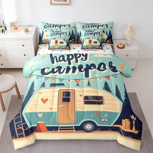 Erosebridal RV Car Bedding Sets Twin Size,Camping Adventure Comforter Sets with Sheets,Cartoon Car Decor,Reversible,7pcs