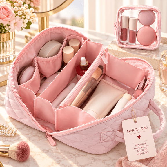 Makeup Bag Travel Toiletry Pouch for Women Small Cosmetic Purse Organizer with Compartments Waterproof Puffer Skin Care Storage Pink