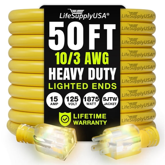 LifeSupplyUSA 50FT Yellow Extension Cord 10/3 Gauge, Heavy Duty 3 Prong Power Cord, Waterproof, Flexible, SJTW, 15A 125V 1875W - For Indoor/Outdoor