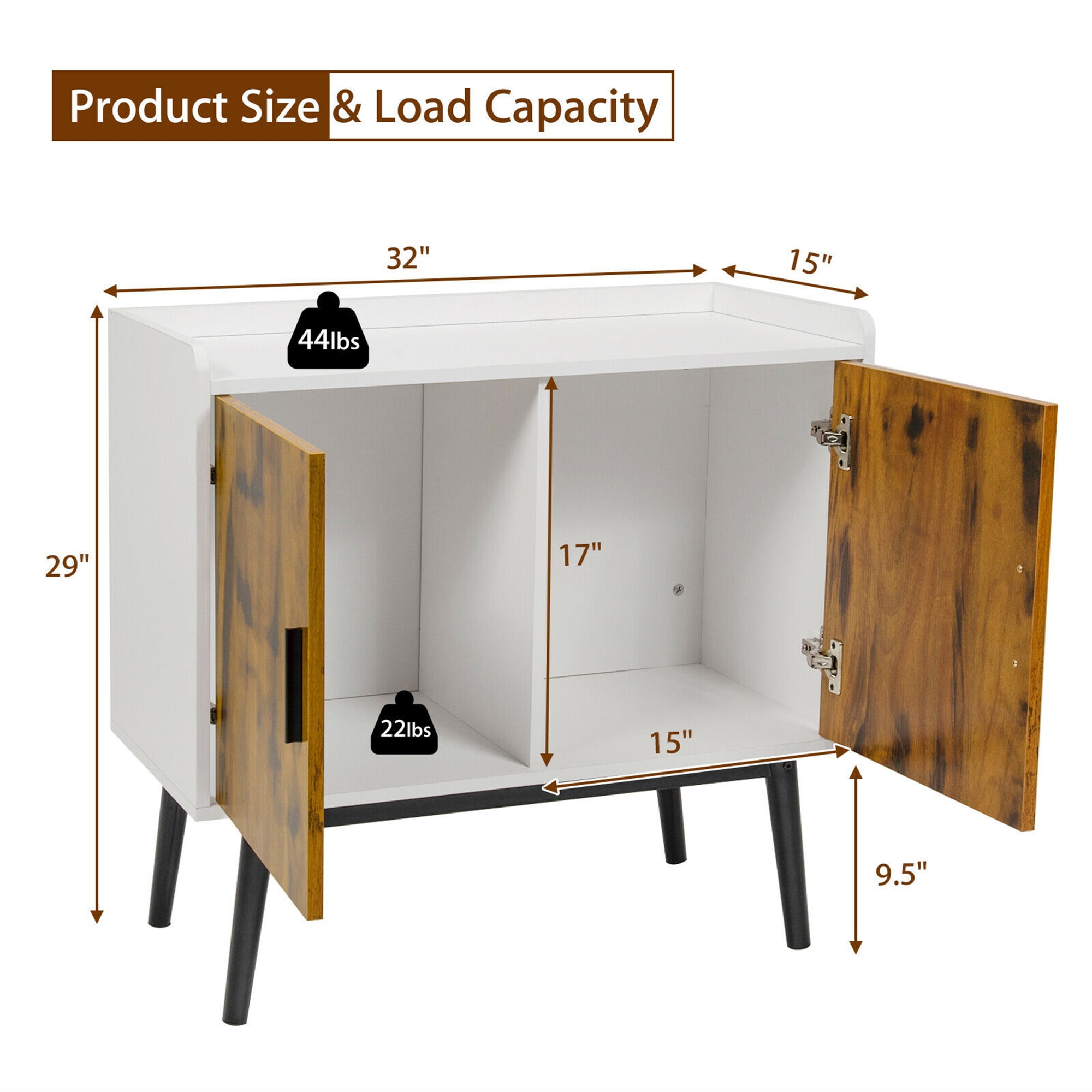 Gymax Sideboard Buffet Storage Cabinet w/2 Door Metal Legs Accent Cabinet 32In