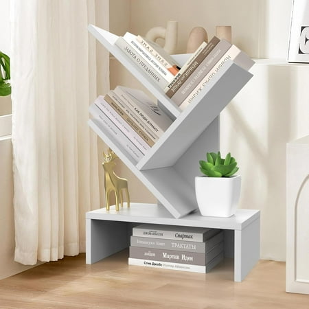 Desktop Bookshelf with Drawer – Compact Book Holder for Small Spaces White Mini Bookcase for Office CDs and Decorative Items Fits Bedroom Desk