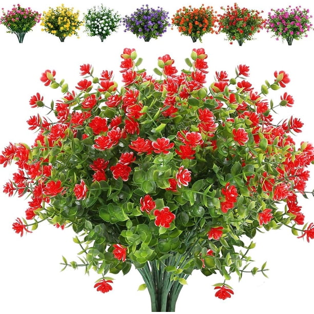 Nvzi 10 paquetes de flores artificiales para exteriores resistentes a los rayos UV, decoración de estilo rústico para el hogar (rojo)
