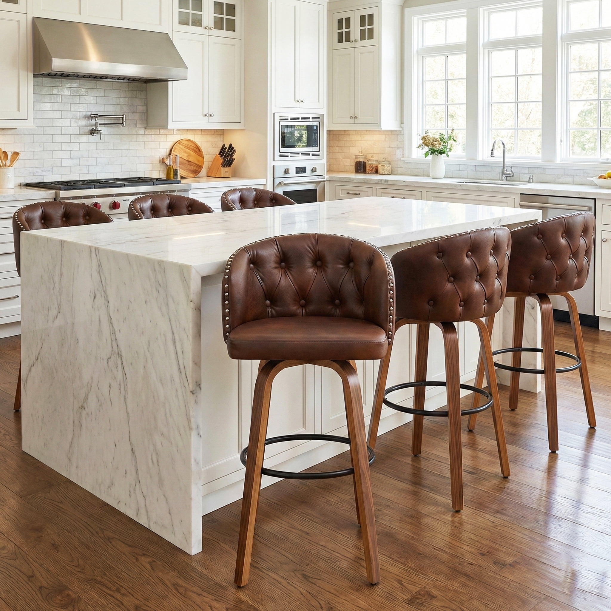 Fahomiss 26" Swivel Counter Height Bar Stools Set of 6, Brown Leather Farmhouse Kitchen Stools