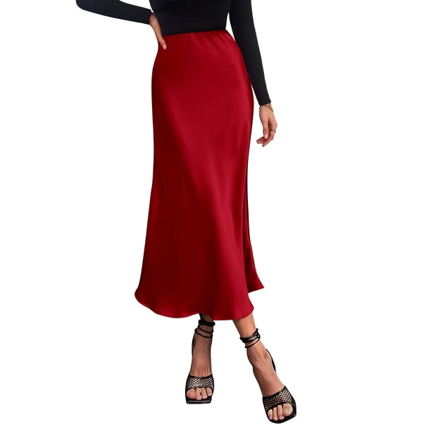 Falda PRETTYGARDEN 2025 Midi de Satén Cintura Alta XL Rojo Oscuro