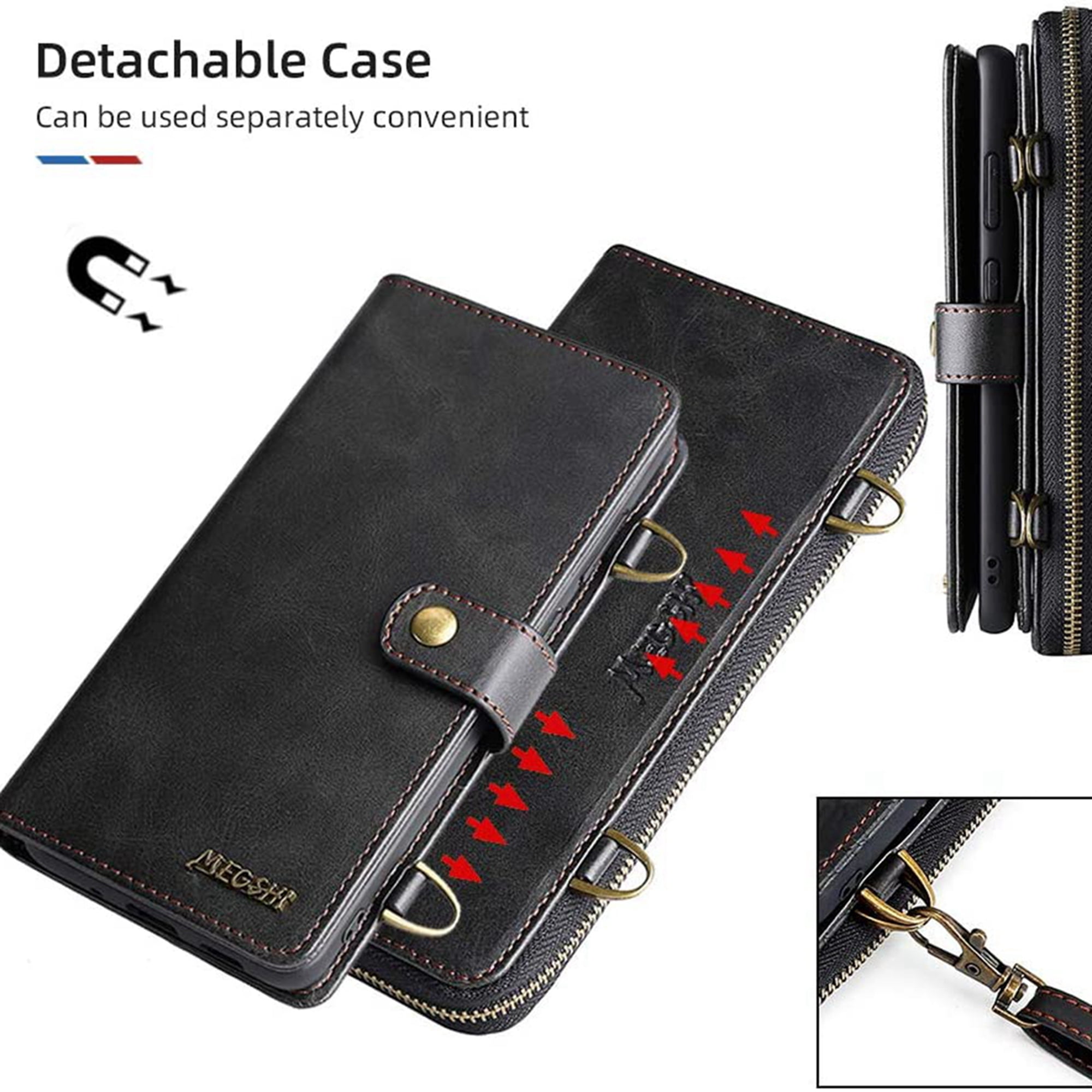 Dteck Wallet Case for iPhone 12 Pro / iPhone 12 6.1-inch, 2 in 1 Magnetic Detachable Wallet Purse [Crossbody Chain] Durable PU Leather Zipper Handbag Folio Flip Card Slot Protection Back Cover, Black