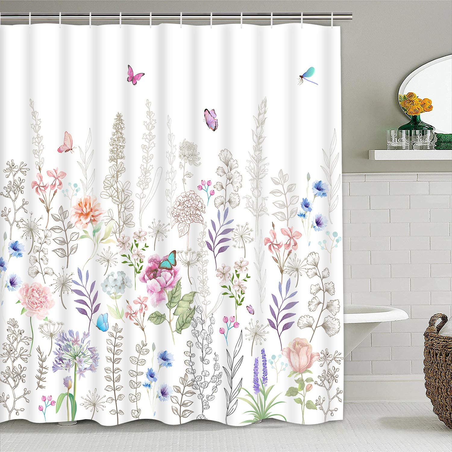 Spring Scene Flowers Butterfly Flying 79" Waterproof Fabric Shower Curtain Liner 