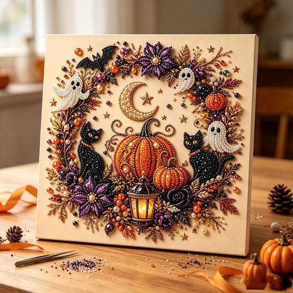 Halloween Ghost Pearl Art DIY Kit, Crystal earl 3D Diamond Painting Craft Kit, 7.8 x 7.8in DIY Mosaic Wall Art for Halloween Home Decor, Fall Seasonal Decoration