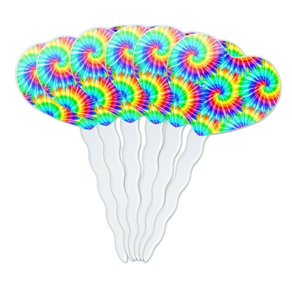 Tie Dye Pattern Heart Love Cupcake Picks Toppers Decoration Set of 6