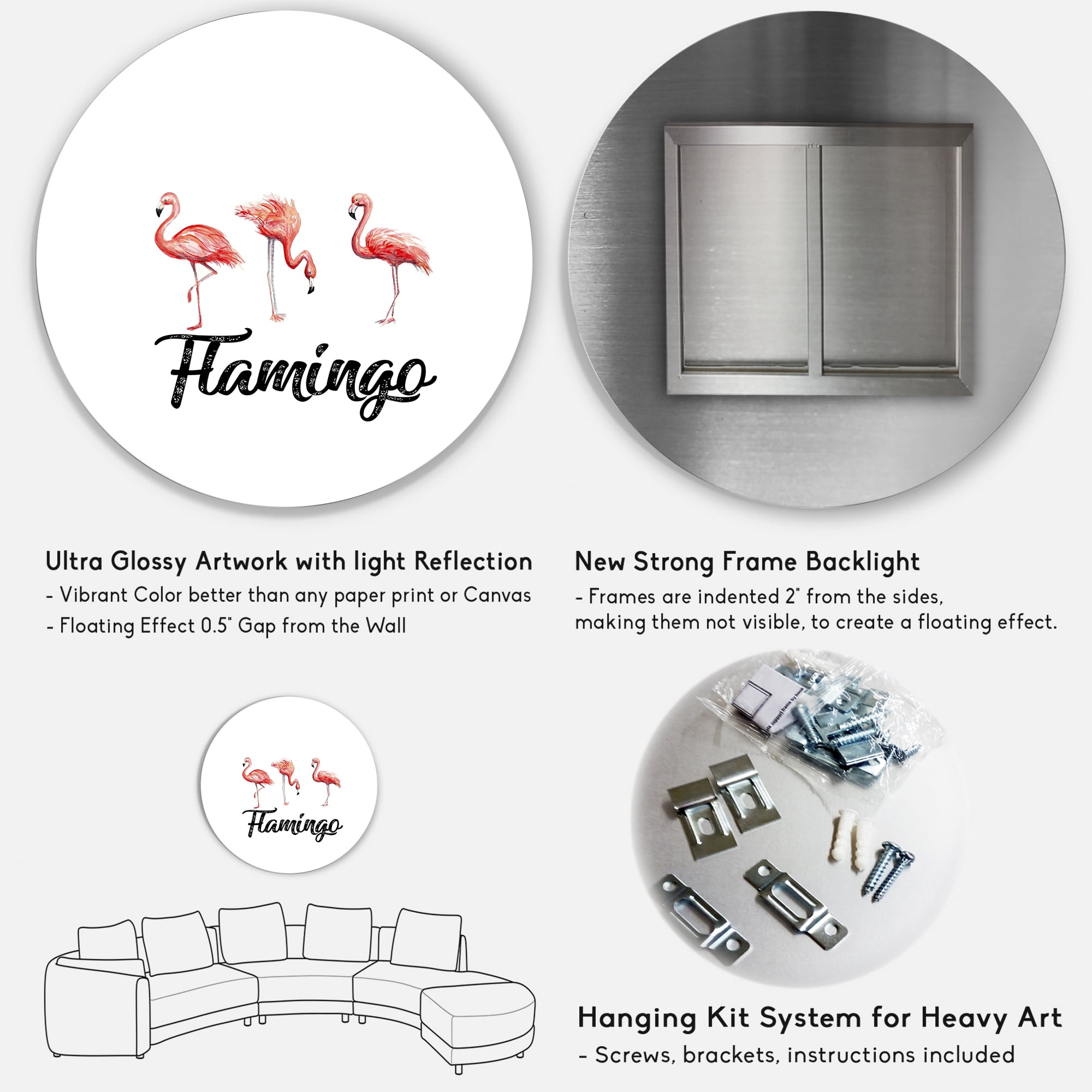 Designart 'Three Flamingos On White' Farmhouse Circle Metal Wall Art 36x36 - Disc of 36