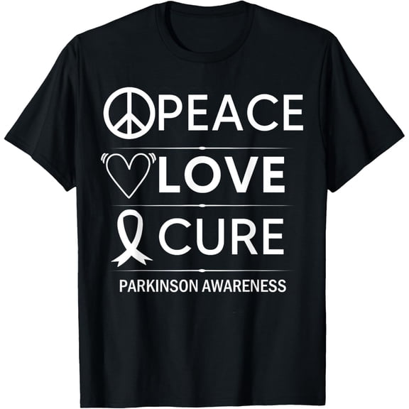 men and women can wear,Parkinsons Disease Awareness Peace Love Cure Silver Ribbon T-Shirt