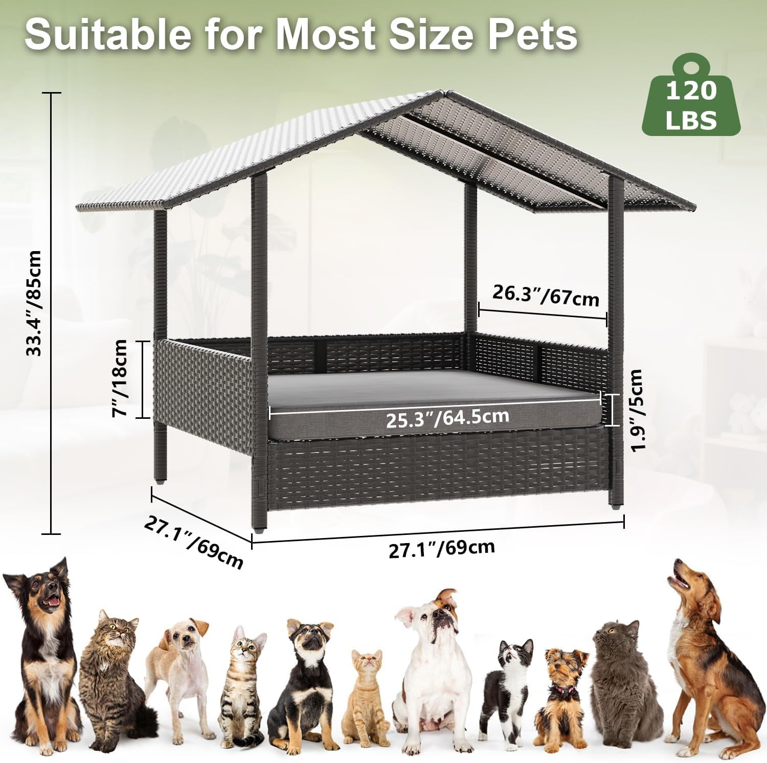 Wicker Dog House Outdoor Indoor with Canopy and Removable Cushion, Elevated Rattan Dog Bed Shelter for Small/Medium Dogs, Weather Proof Cushion Cover Pet Cabana for Patio, Deck, Pool, Yard,Black