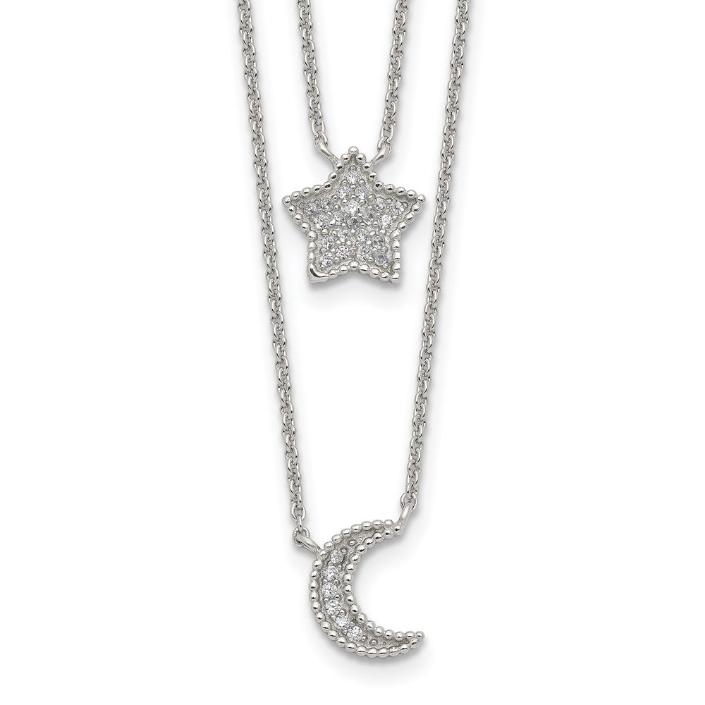 925 Sterling Silver Necklace with Pendants Chain RH-plated Polished CZ Moon and Star Double Strand 16 inch