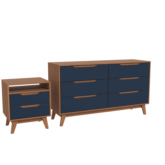 Kappesberg Bedroom Furniture Set with 6-Drawer Dresser and 2-Drawer Nightstand Golden Oak/Blue – Modern Storage Combo