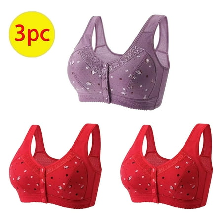 Atogsazn Women s 3PC Front Button Closure Bra Seniors Daisy Bra Printed No Underwire Bra Full Coverage Bralette 12-Purple L on Clearance