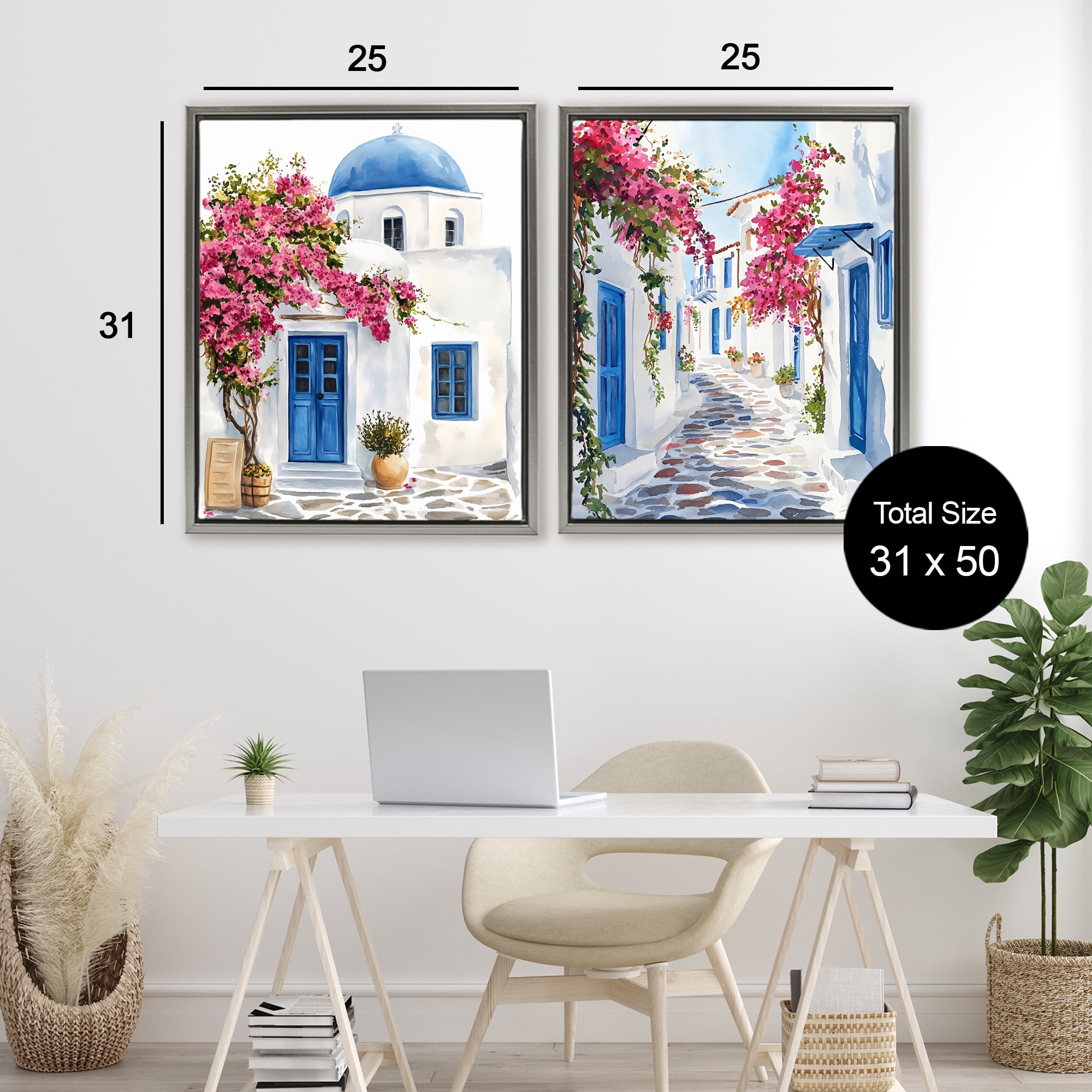 Stupell Industries Santorini House with Pink Tree 2 Piece Gray Framed Floater Canvas Set, design by LSR Design Studio