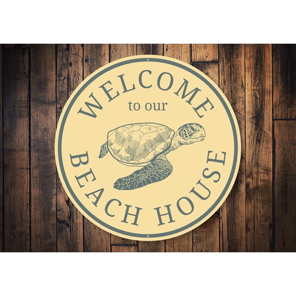 Beach House Welcome Turtle Novelty Decor, Metal Wall Sign - 12" Circle
