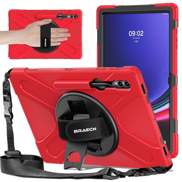 Funda BRAECNstock para Samsung Galaxy Tab S10 Ultra/S9 Ultra/S8 Ultra 14.6" Resistente a Golpes para Niños con Soporte para Lápiz, Correa Giratoria 360° y Soporte, Correa de Hombro, Roja