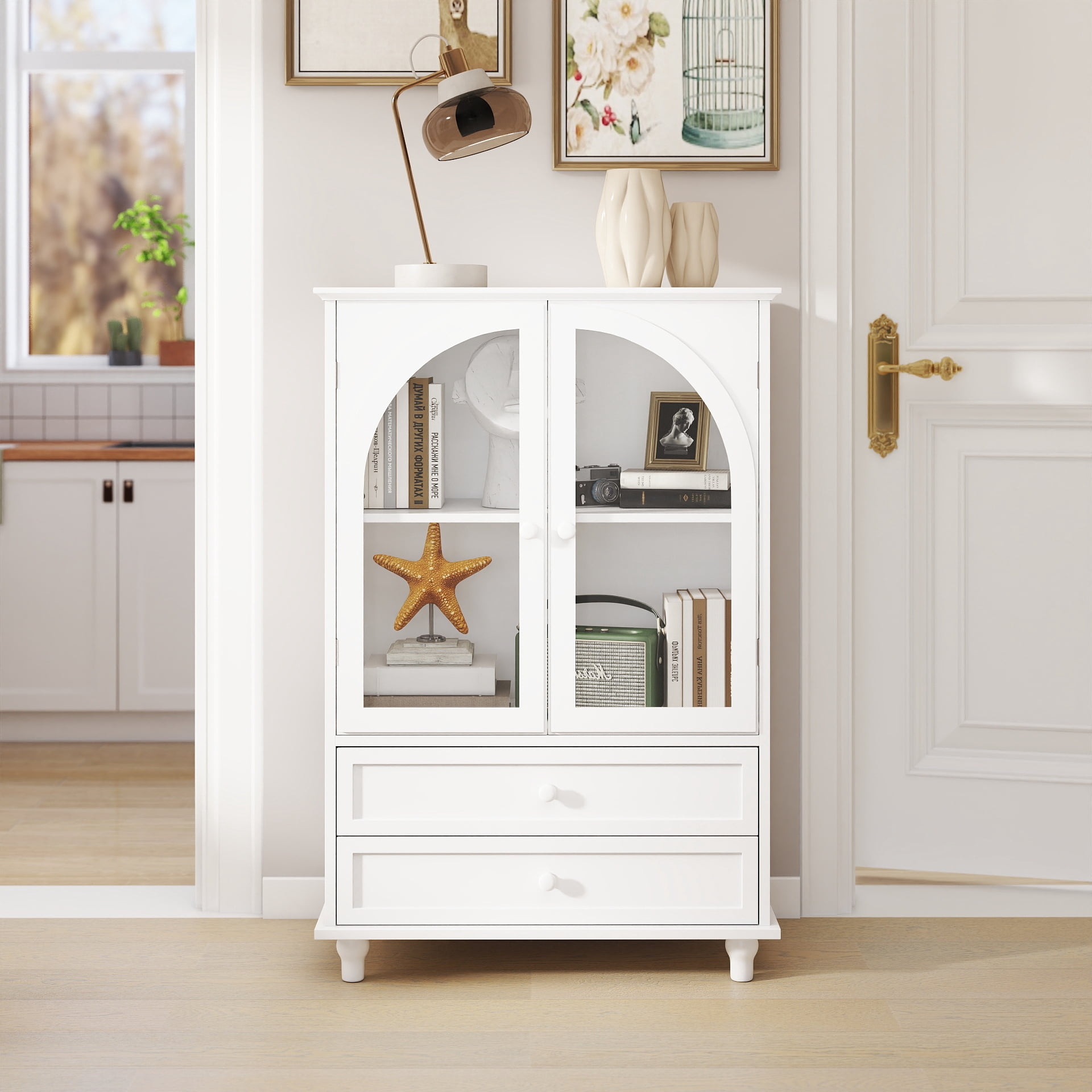 Farmhouse Storage Cabinet, Arched Tempered Glass Door Buffet Sideboard with Tiered Top, 2‑Drawer Pantry Cabinet for Kitchen Dining Living Room Entryway Coffee Bar