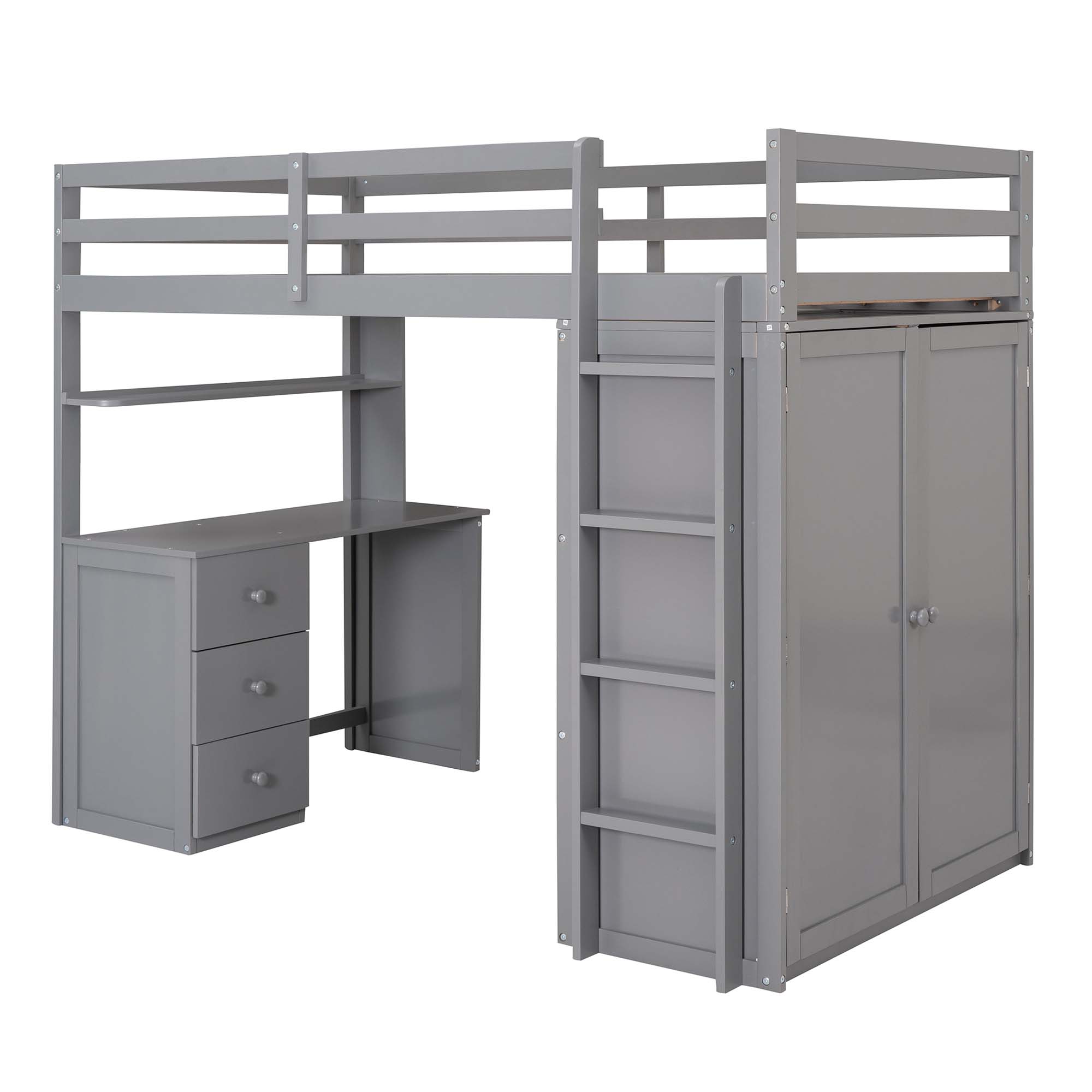 Aukfa Kids Modern Wood Twin Size Loft Bed with Drawers Gray