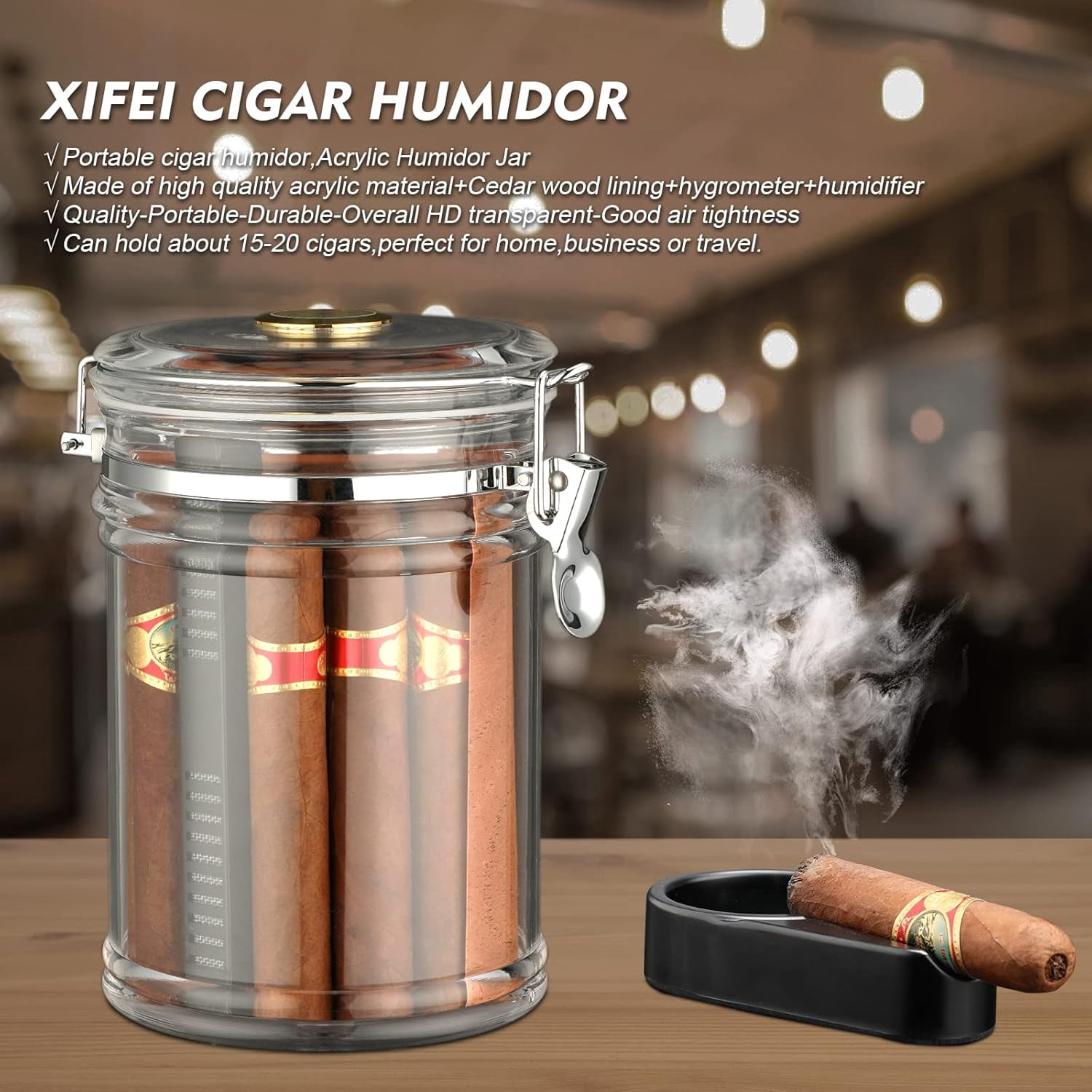 Acrylic Humidor Jar with Humidifier and Hygrometer,humidor That can Hold About 18 Cigars (Clear)