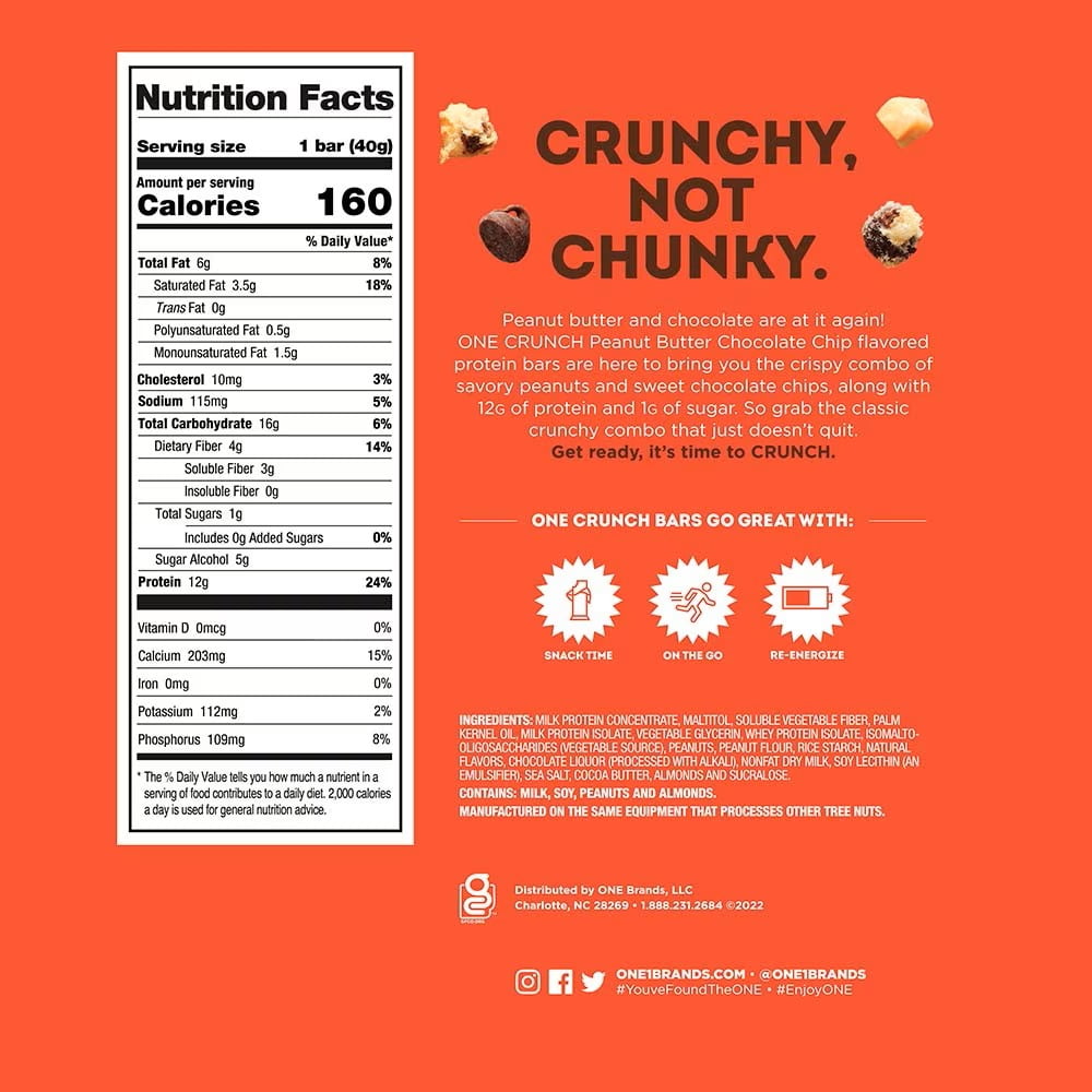 One Crunch Protein Bar, Peanut Butter Chocolate Chip, 12g Protein, 4 Ct
