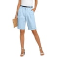 thumbnail image 3 of Dwellite Linen Short for Women Summer Bermuda Shorts with Pockets Dressy Casual Button Wide Leg Beach Short Light Blue M, 3 of 7