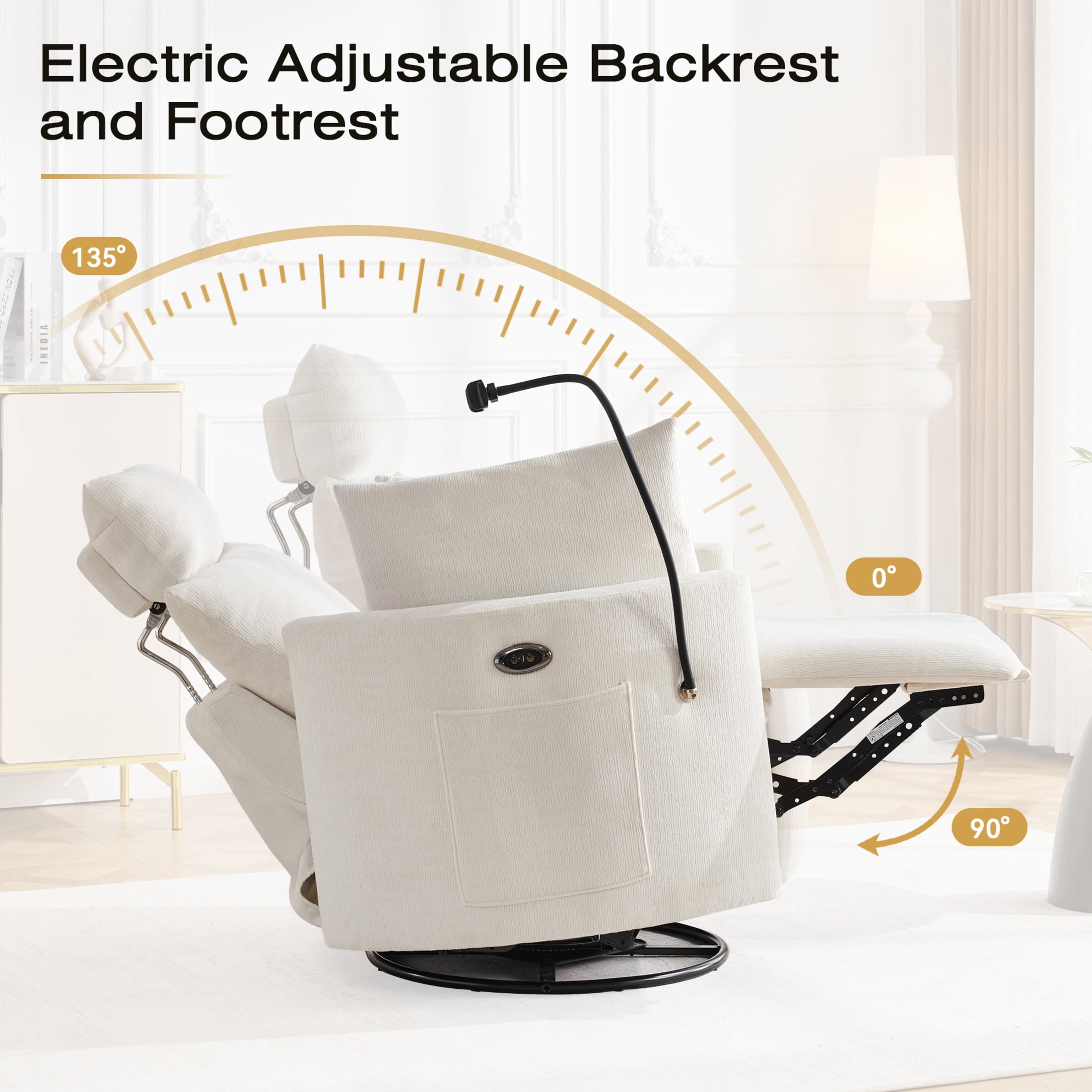 Noble House Sigrid 210° Swivel Rocking Recliner Chair, Electric Power Adjustable Chenille Armchair with USB, White