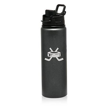 

25 oz Aluminum Sports Water Travel Bottle Hockey Puck With Sticks (Charcoal)