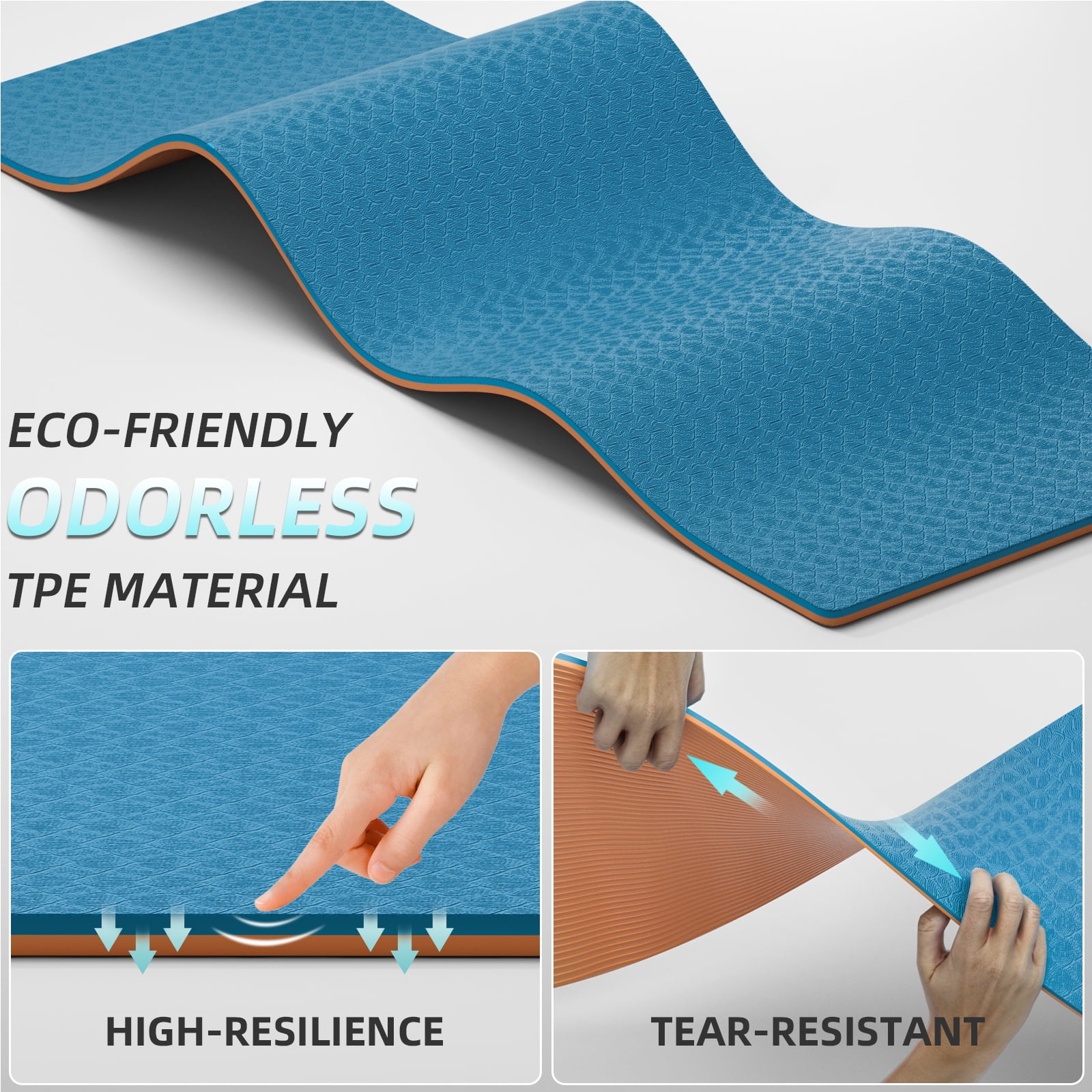 LAMEI Large Yoga Mat Thick Extra Wide And Long, Non-Slip TPE Exercise Mats For Home Workout, Straps For Carrying, Dual-Color in Blue/Orange