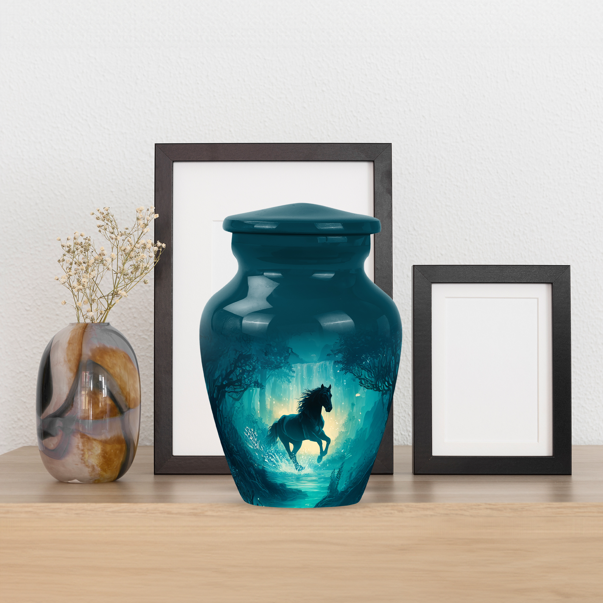 MUKTIVE Waterfall Mini Cremation Urns for Adult Male, Small Green Memorial Urns for Human Ashes Adult Man Funeral, Keepsake Horse Decorative Burial Urn, 3 Inch